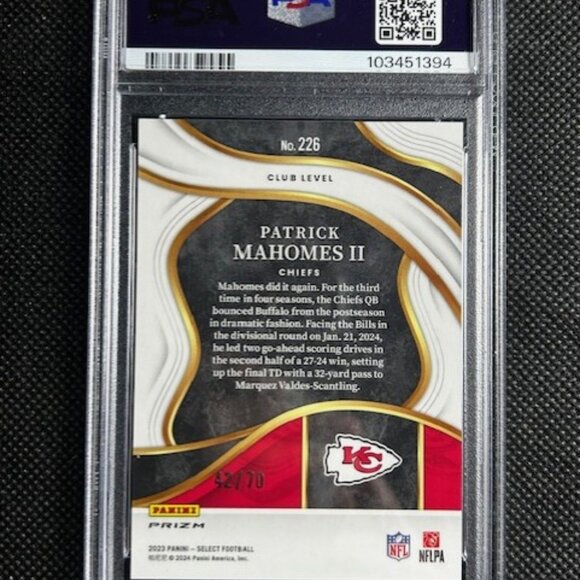 2023 Select Football Patrick Mahomes Dragon Scale /70 Club Level PSA 10 GEM MINT - Picture 2 of 2